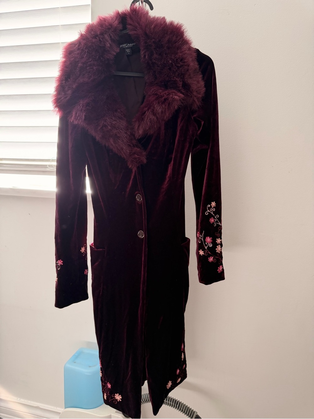 Betsey Johnson Deep Burgundy Velvet Long coat with Faux Fur Collar